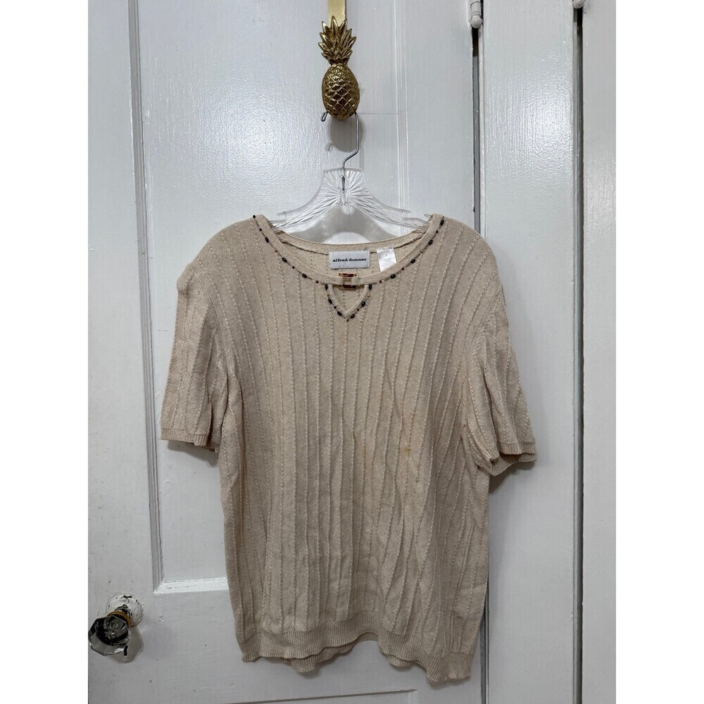 Alfred Dunner Beige Ribbed Knit Short Sleeve Sweater Top